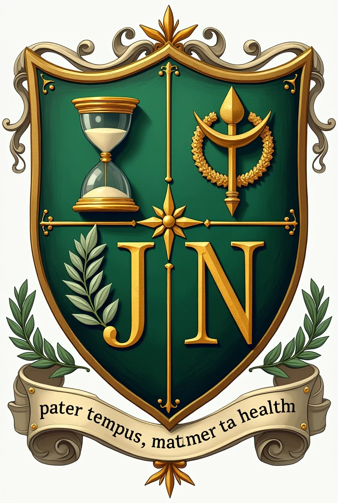 Coat of arms classic shield, in green divided into 4 parts.in one of the parts golden hourglass green background, In another part símbolo de medicina dourado. In another part:Initials "JMN" in a classic serif font, In gold, on a green background. Elsewhere An olive branch, em prata on a green background. Below the shield, in a wavy strip, the phrase in latin "Pater Tempus Mater Salutem" in golden letters, with the blank strip