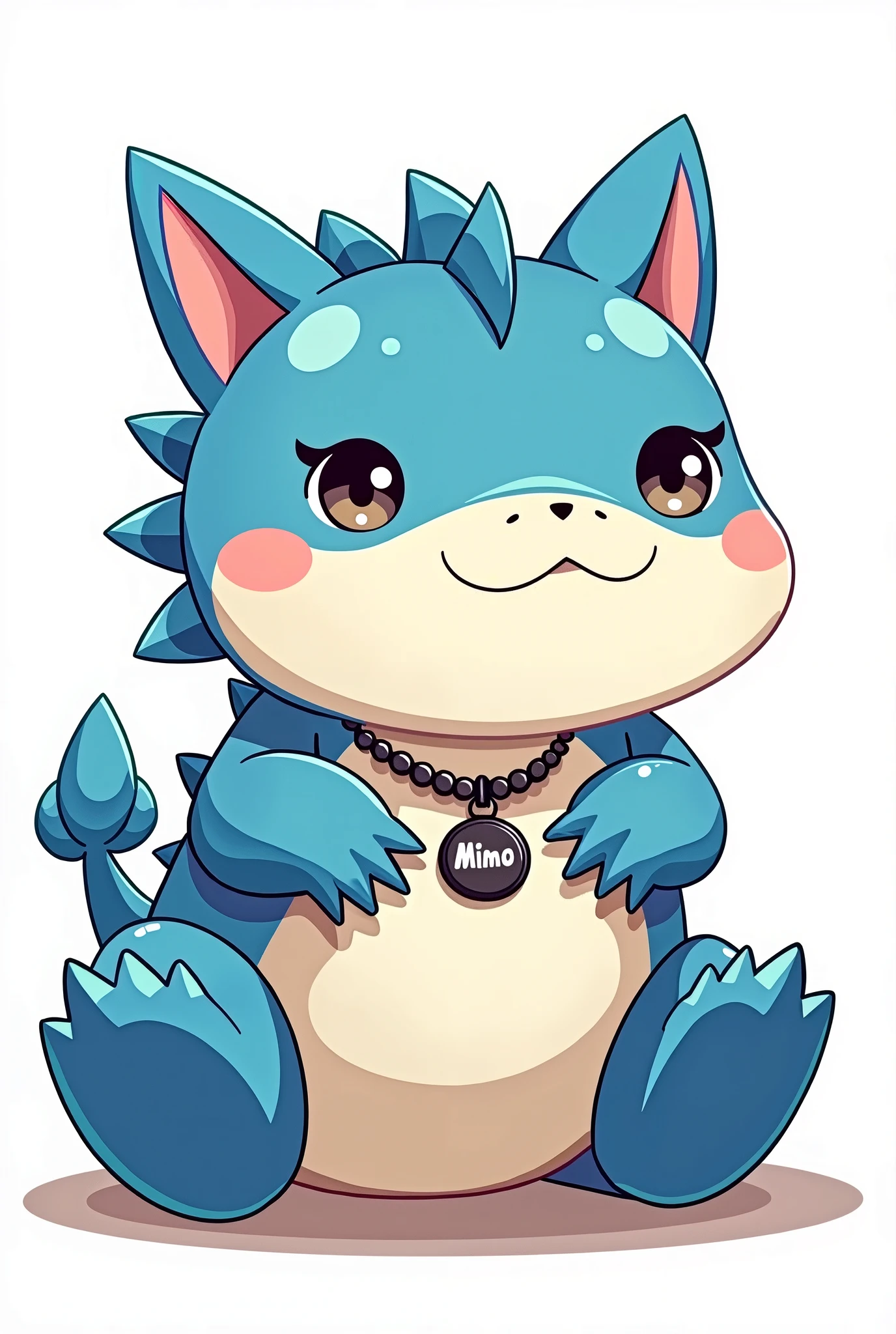 Create a dragon mascot, color Png image : Blue and white shape : Fat, short, round, figure style : Anime cartoon appearance : Like a cute cat without horns and accessories : There is a necklace with the word Mimo hanging on it. Dressing up : Gangster style, pose :  Sit down