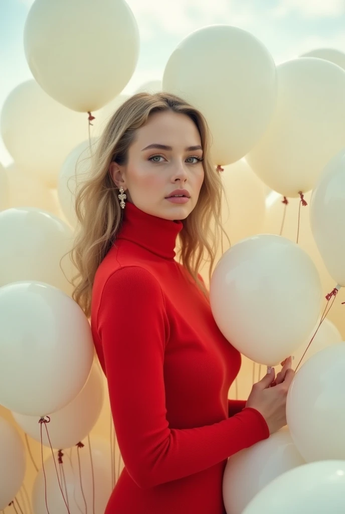 masterpiece, Best Quality, very detailed background, perfect lightingBest Quality,Fashion portrait photo of a beautiful 60s young woman in a red turtleneck sweater standing in the middle of a ton of white balloons., Taken with a Hasselblad medium format camera. jennifer lawrence face
