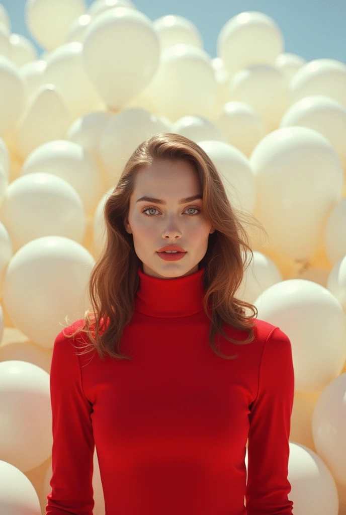 masterpiece, Best Quality, very detailed background, perfect lightingBest Quality,Fashion portrait photo of a beautiful 60s young woman in a red turtleneck sweater standing in the middle of a ton of white balloons., Taken with a Hasselblad medium format camera. jennifer lawrence face