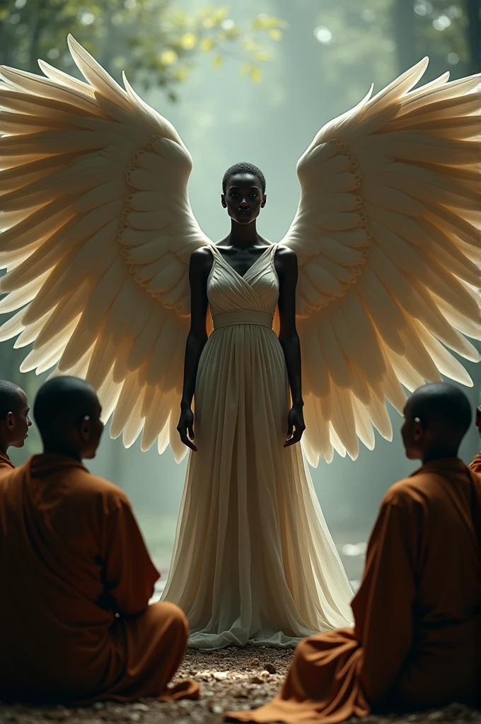 A realistic photo of a beautiful nude black woman with wings being worshipped by monks