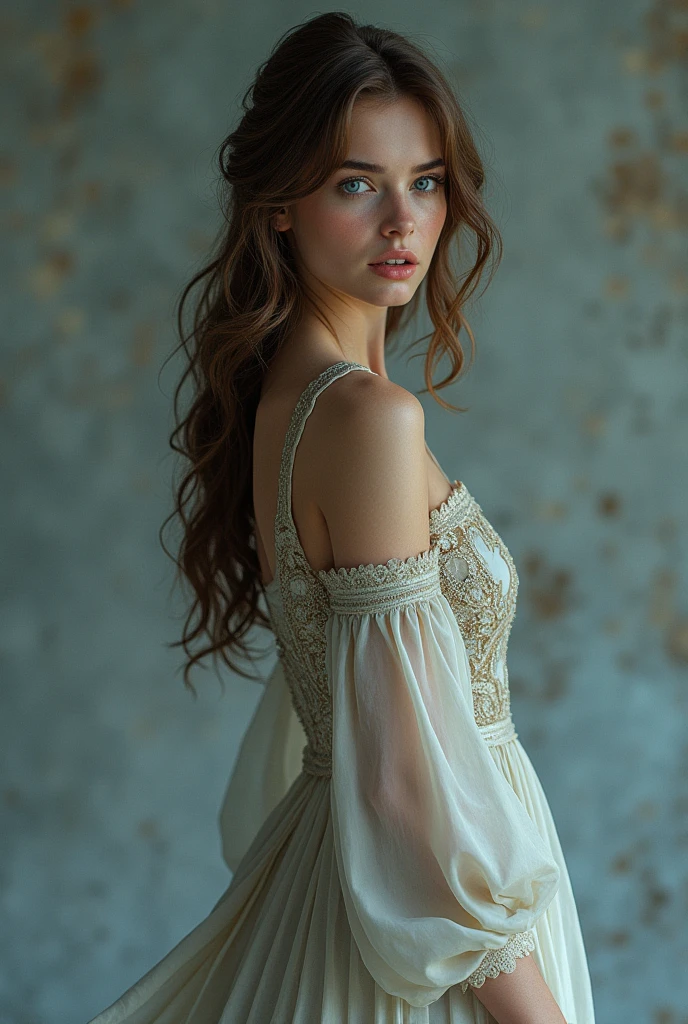 (photorealism:1.2), the body of a woman with blue eyes and brown hair standing and wear a long dress