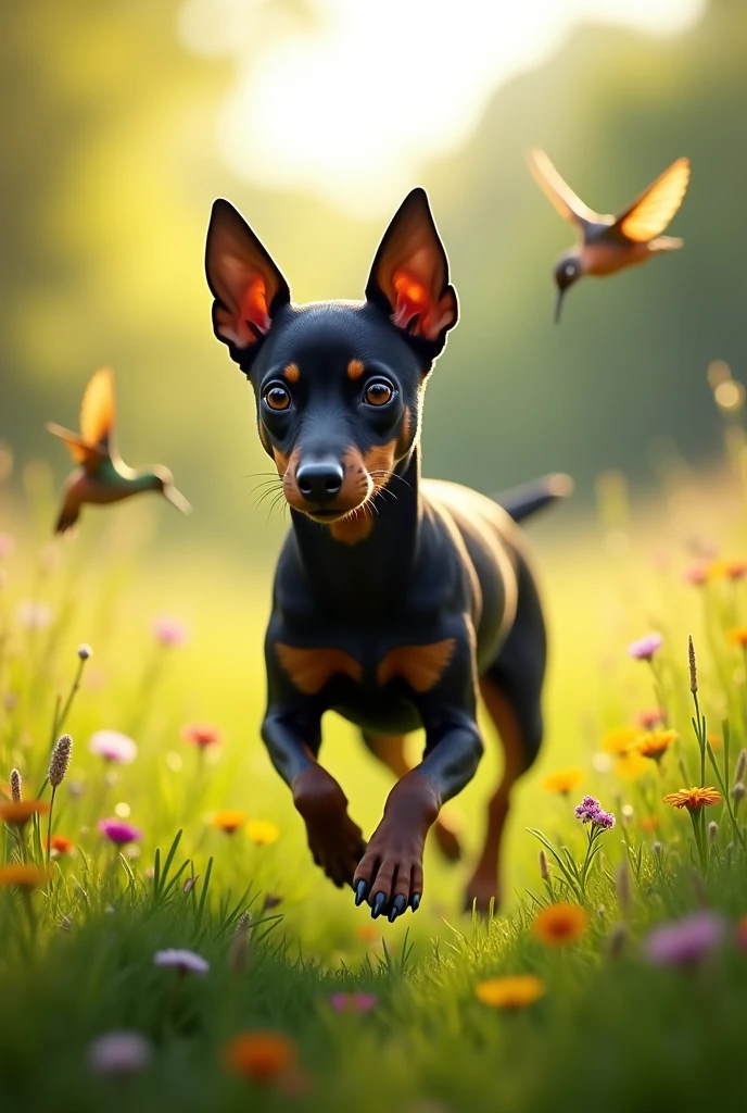 A very small black pinscher dog running in a green field full of flowers with sun and hummingbirds