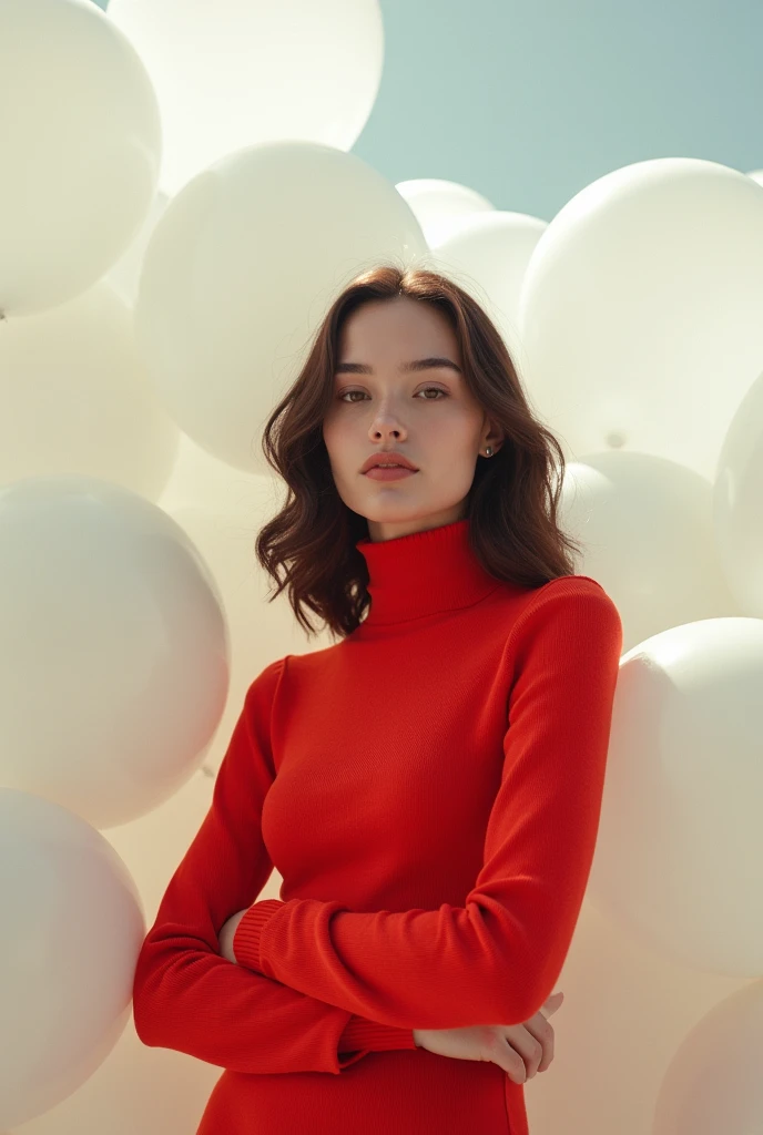 masterpiece, Best Quality, very detailed background, perfect lightingBest Quality,Fashion portrait photo of a beautiful 60s young woman in a red turtleneck sweater standing in the middle of a ton of white balloons., Taken with a Hasselblad medium format camera. gal gadot face