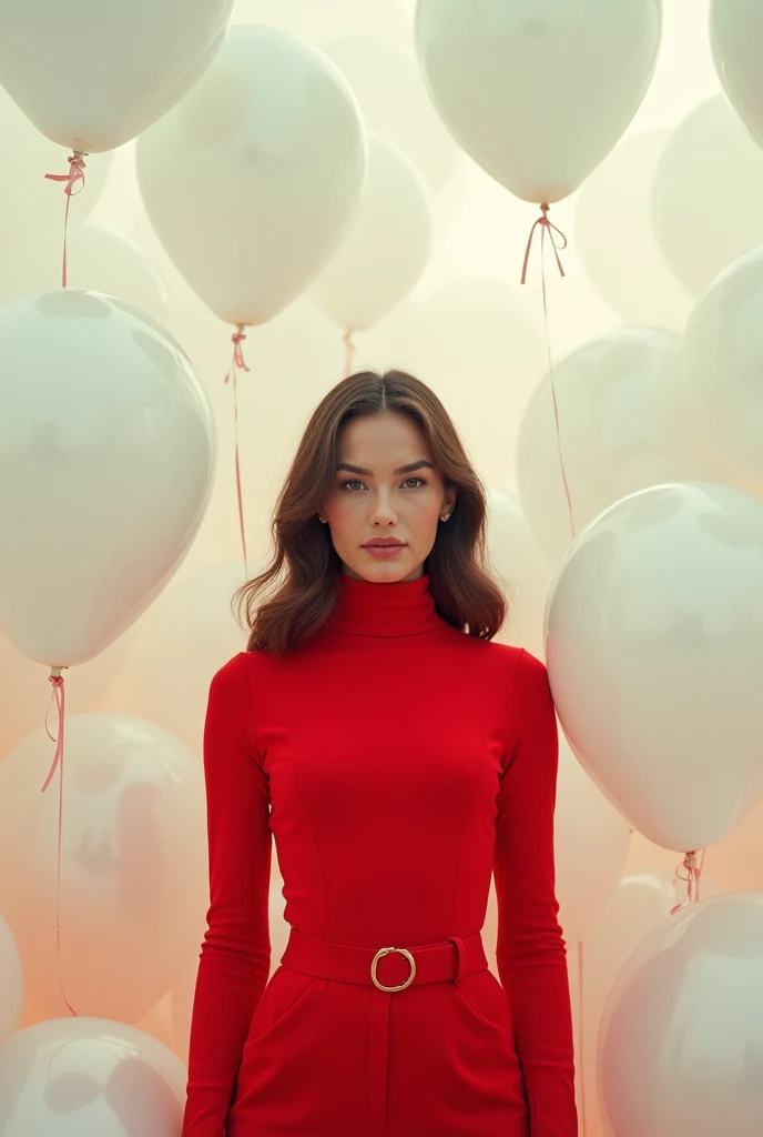 masterpiece, Best Quality, very detailed background, perfect lightingBest Quality,Fashion portrait photo of a beautiful 60s young woman in a red turtleneck sweater standing in the middle of a ton of white balloons., Taken with a Hasselblad medium format camera. gal gadot face
