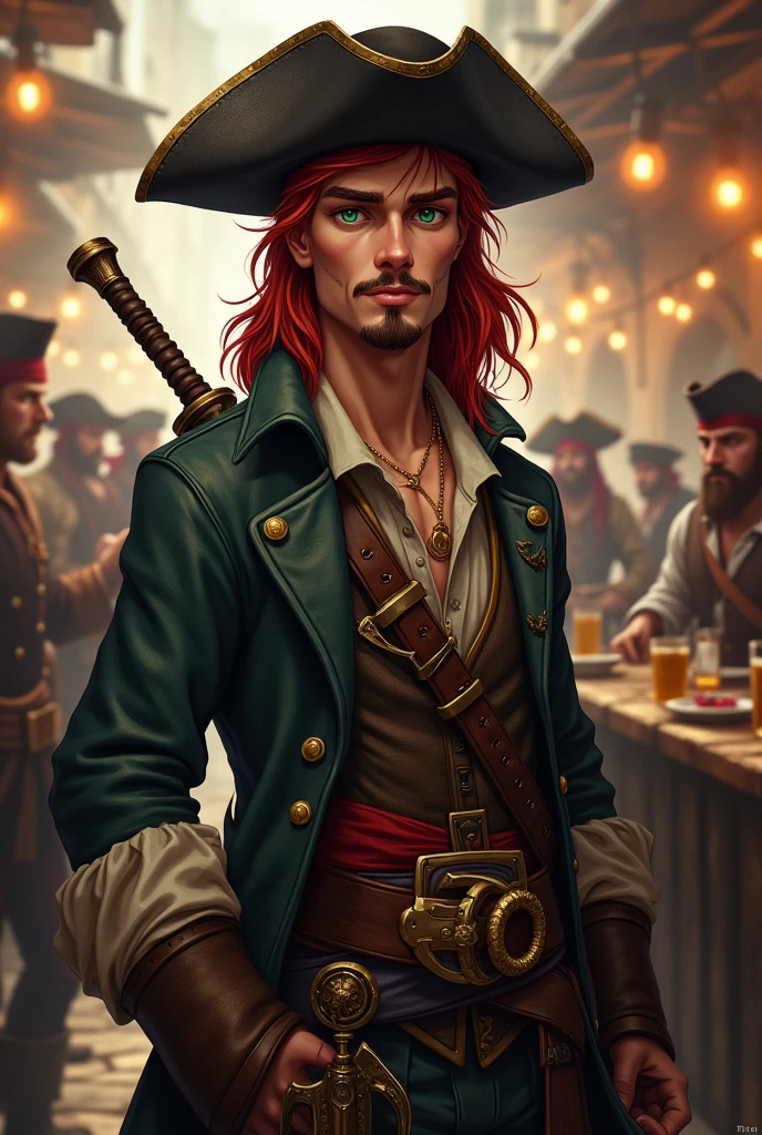Crea un immagine di un personaggio intero di razza umana per d&d. A young pirate Long red hair with a short goatee and a dark red mustache and dark green eyes. He wears a black leather hat, porta un trench coat piratesco con sotto una camicia leggera e un gilet rovinato. In life he wears a red band, two sabres and two pistols. He is drinking room and partying with other sailors and partying in a pub with a pirate port in the background