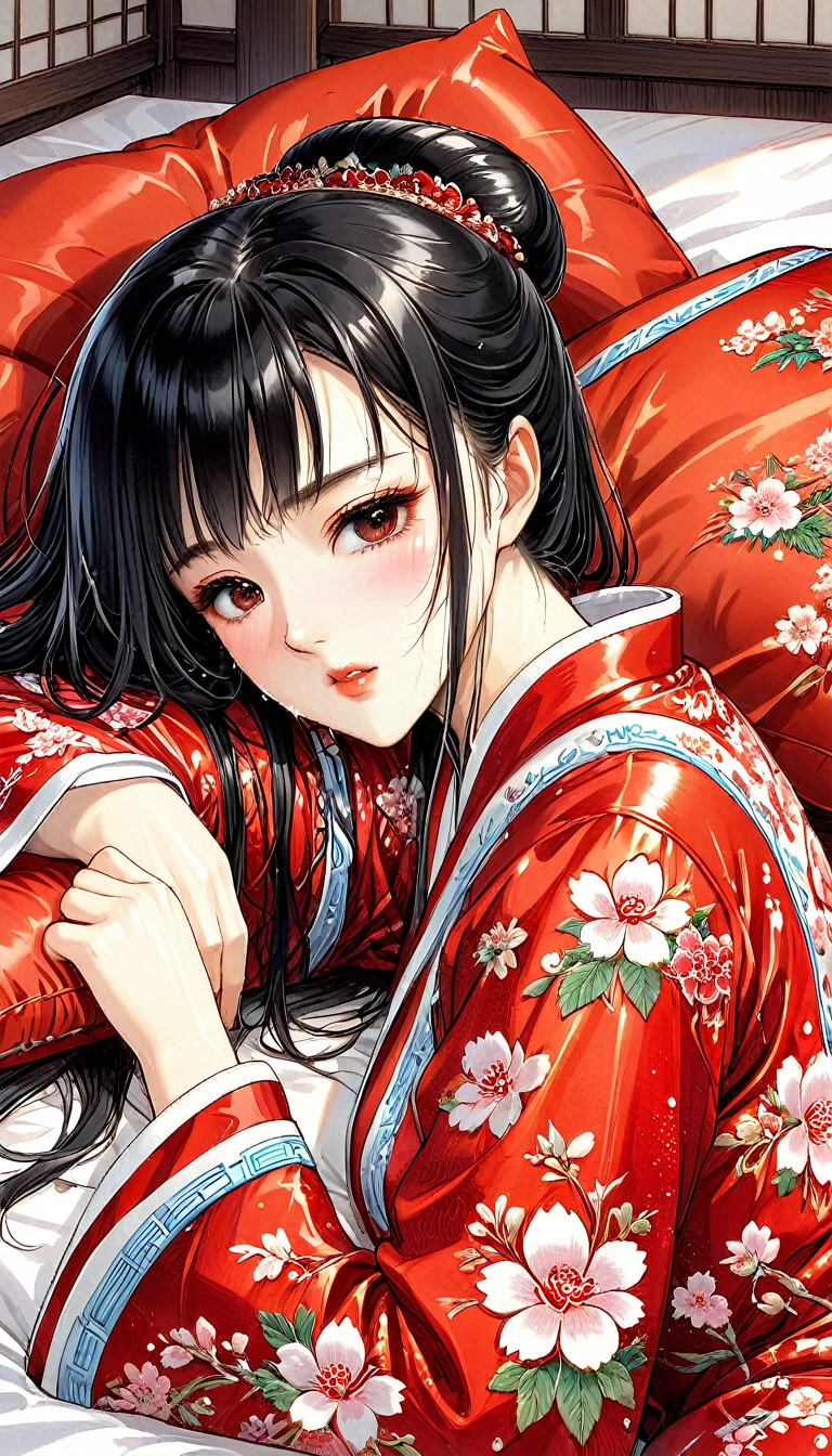 One woman　She is a beautiful 1 Chinese kung fu princess with long black hair.　Gorgeous embroidery, Ultra glossy, She is wearing shiny red long sleeve floral pajamas....　After being subjected to intense sexual acts for the sake of procreation, she is laid down on a red futon and sleeps, exhausted.　She spread her legs wide and cum spilled out of her hairy pussy.　aftersex