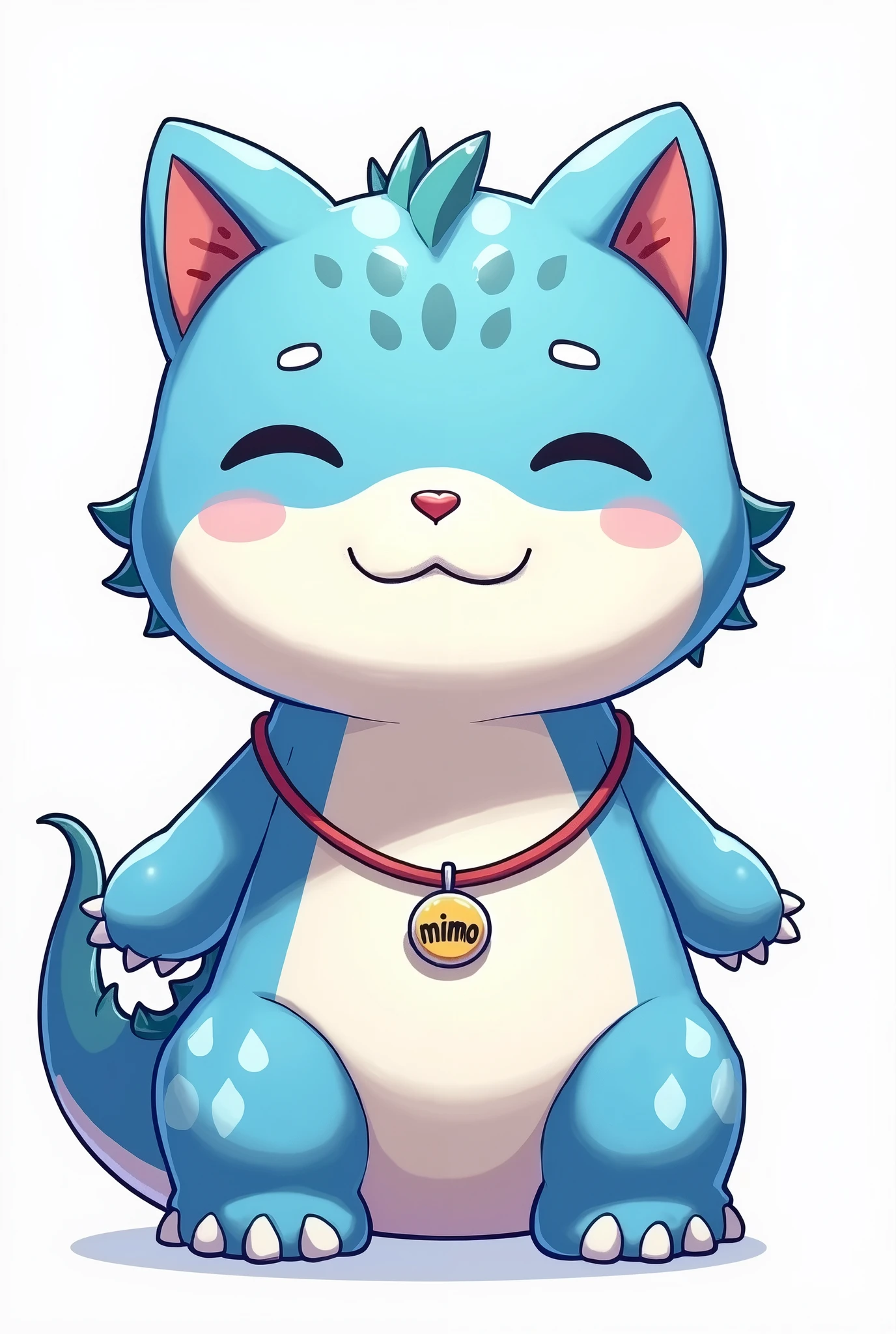 Create a dragon mascot, color Png image : Blue and white shape : Fat, short, round, figure style : Anime cartoon appearance : Like a cute cat without horns and accessories : There is a necklace with the word Mimo hanging on it. Dressing up : Gangster style