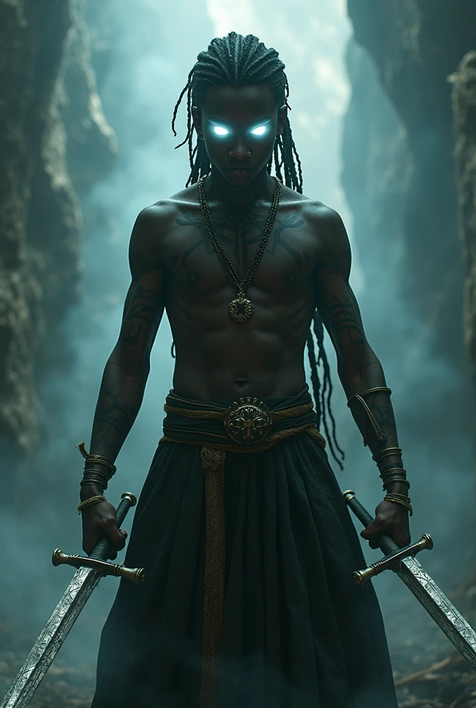 African American ager with swords and white eyes