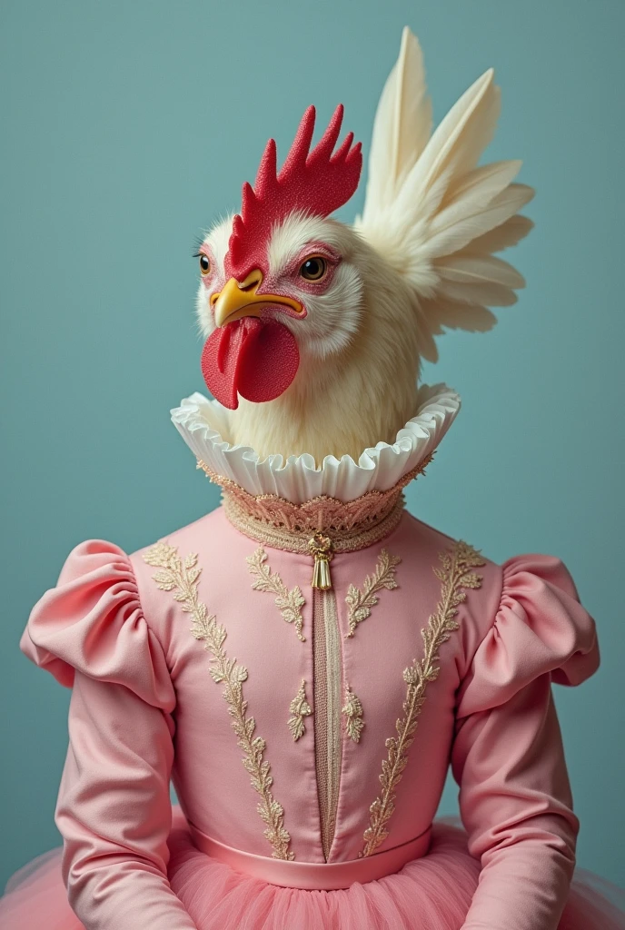 Portrait of a girl, with the chest, neck, face and hair completely replaced by a chicken's head, with pink clothes from a wealthy family in Argentina during the early years of the 20th century, in the style of neoclassical portraits of the nobility of the 19th century, on a light blue background.
