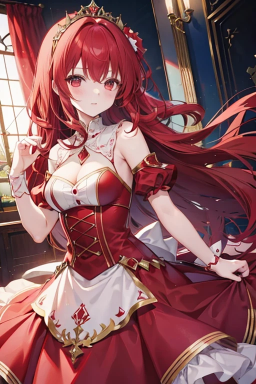 Female character with wavy red hair parted on two sides, wearing a red princess dress, in a ballroom 