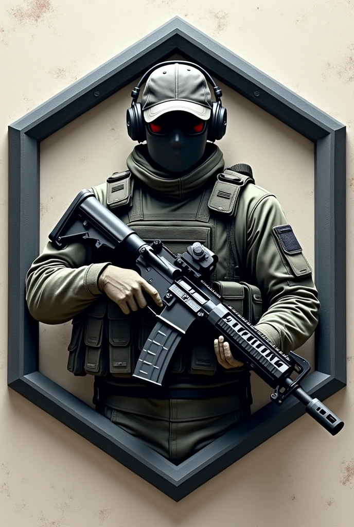 Create hexagonal rubberized coat of arms cliché, named Lukinha airsoft and an assault operator carrying an m4 rifle wearing a cap and headset