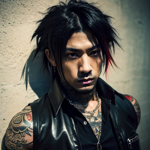 1 man, Japanese man, male, Asian eyes, muscular, broad shoulders, yakuza tattoos, hairstyle Visual Kei style, hair Visual Kei, black men's shirt and black pants, ultra detailed face, hyperrealistic, realistic representation, long hair, long hair, 30 years old, age 30 years, blonde hair