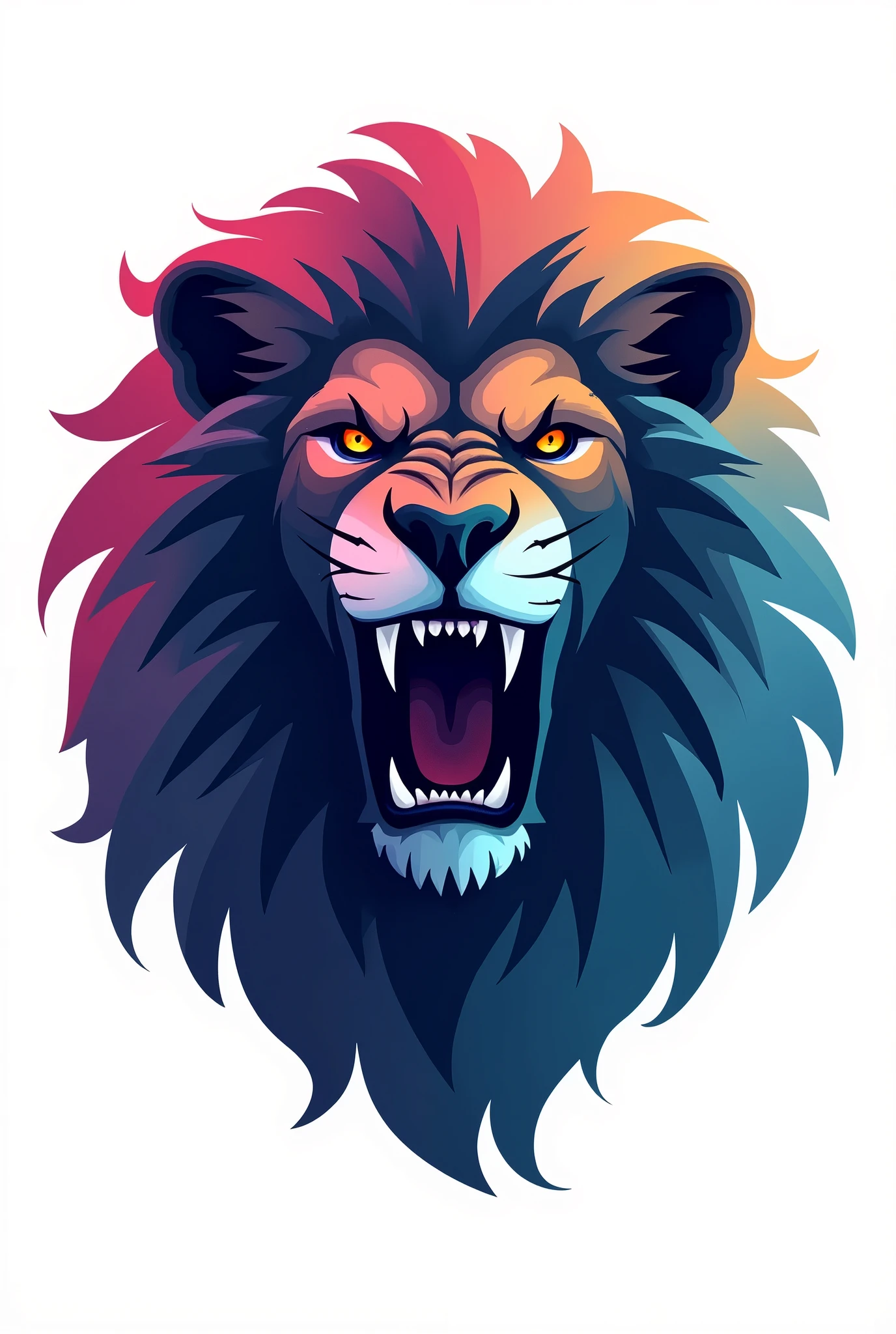 Logo Lion face from front with no background color Roaring Blue to pink silhouette on the lion's mane Orange eyes with black retina White background