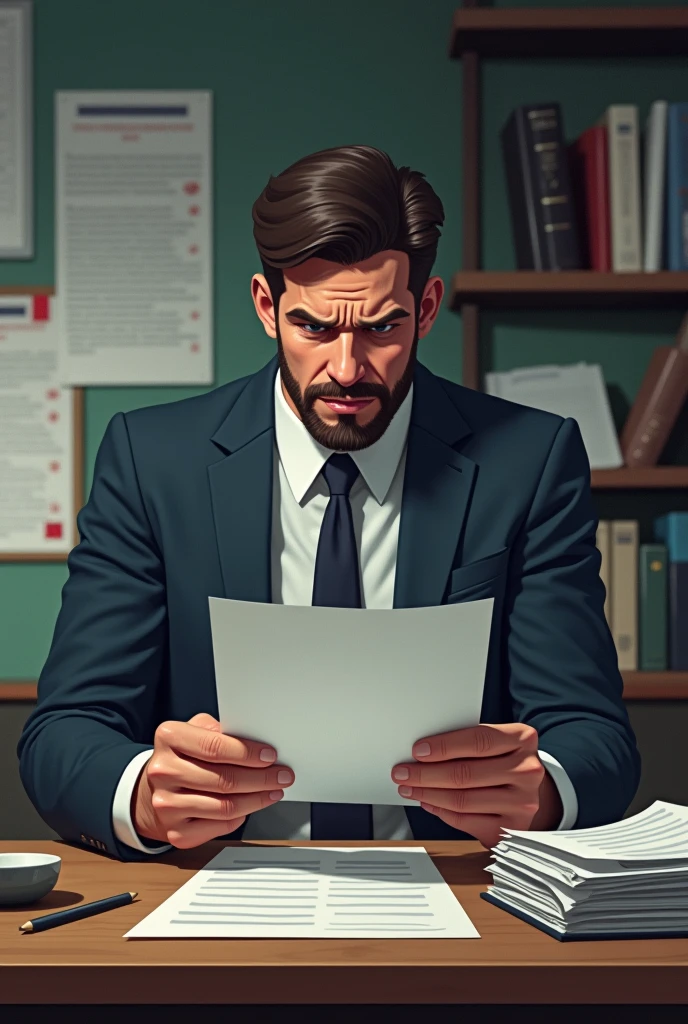 To create a realistic image based on this text, imagine dinner to follow:
**Image Description:**
A well-organized office, Com detalhes meticulosos. on desk, there is a stack of perfectly aligned documents and a calendar with detailed notes. A serious looking man or woman is sitting at a table, examining a report with an expression of frustration. The person is wearing formal clothes and is visibly irritated., with eyes focused on the document and an expression of disapproval. Ao fundo, a wall with planning boards and a shelf with items neatly organized. The environment conveys a sense of order and precision, but also of tension and emotional rigidity.