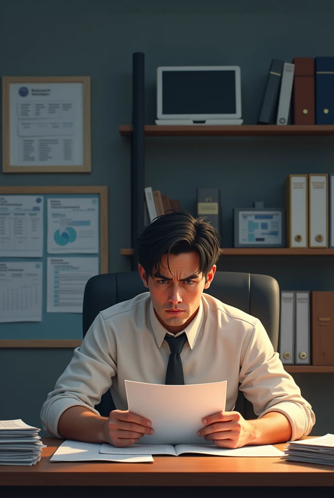 To create a realistic image based on this text, imagine dinner to follow:

**Image Description:**

A well-organized office, Com detalhes meticulosos. on desk, there is a stack of perfectly aligned documents and a calendar with detailed notes. A serious looking man or woman is sitting at a table, examining a report with an expression of frustration. The person is wearing formal clothes and is visibly irritated., with eyes focused on the document and an expression of disapproval. Ao fundo, a wall with planning boards and a shelf with items neatly organized. The environment conveys a sense of order and precision, but also of tension and emotional rigidity.