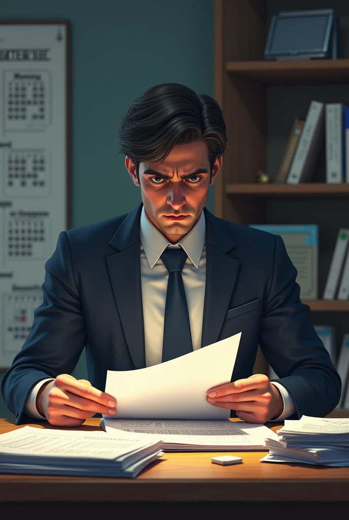 To create a realistic image based on this text, imagine dinner to follow:
**Image Description:**
A well-organized office, Com detalhes meticulosos. on desk, there is a stack of perfectly aligned documents and a calendar with detailed notes. A serious looking man or woman is sitting at a table, examining a report with an expression of frustration. The person is wearing formal clothes and is visibly irritated., with eyes focused on the document and an expression of disapproval. Ao fundo, a wall with planning boards and a shelf with items neatly organized. The environment conveys a sense of order and precision, but also of tension and emotional rigidity.