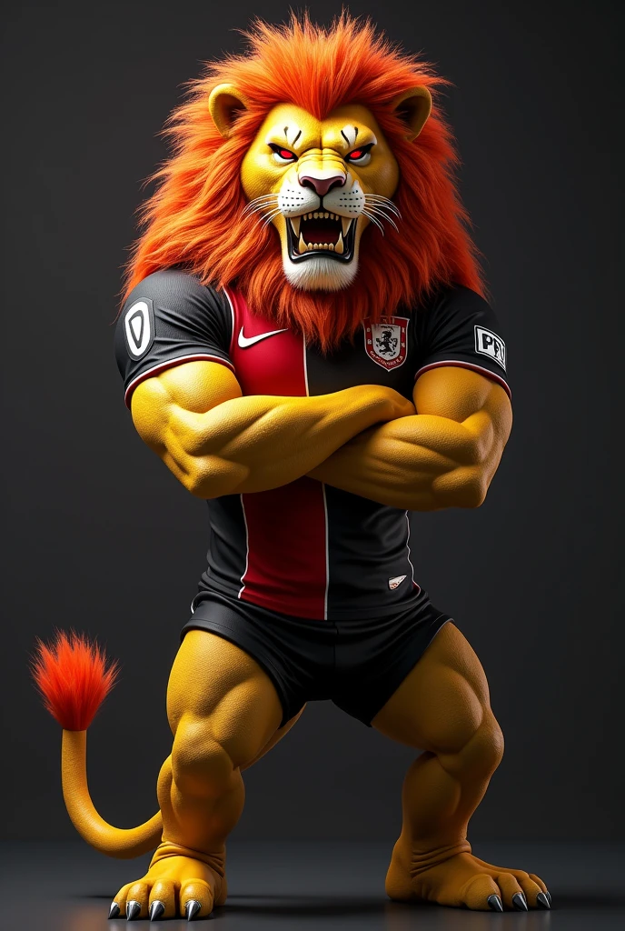 Create a prompt to create an image using artificial intelligence with maximum quality in 8k, Advanced Levels of Detail and Cinematic Style. I want an image of a humanoid lion with its arms crossed looking very angry and its eyes red, realistic on two muscular legs with red and black striped team jersey and his mane in yellow and red colors 