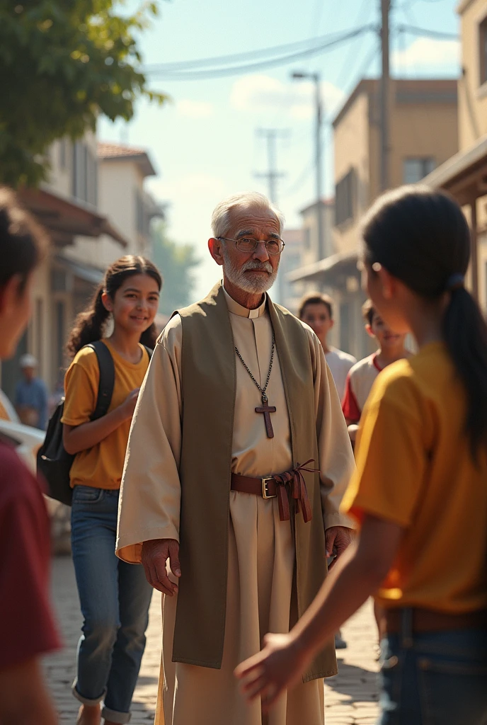 Priest and young people helping the community