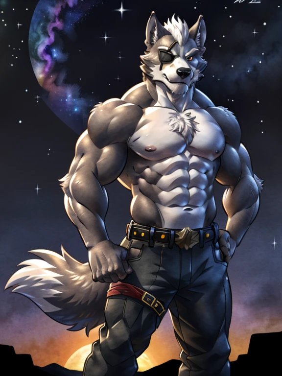 Ulf O'Donnell, posing for the camera, show off. 4K, high resolution, best quality, Posted in e621, alone, human body, male, adult, male 명사, (very muscular, strong chest, Abs, chest muscles, biceps:1.1), correct anatomy, (Dusk, space clouds, Galaxy, star:1.0), (Writer: wfa:1.2), (To you:1.0), (Cell shaded:1.2), Cartoon-like shades, confidence, strong, (wolf tail:1.0), (pants, belt:1.1), (reply:1.2), (detailed eyes:1.1), amazing, strong pose, looking at camera, eye patch, Strong Man Pose, strong pose