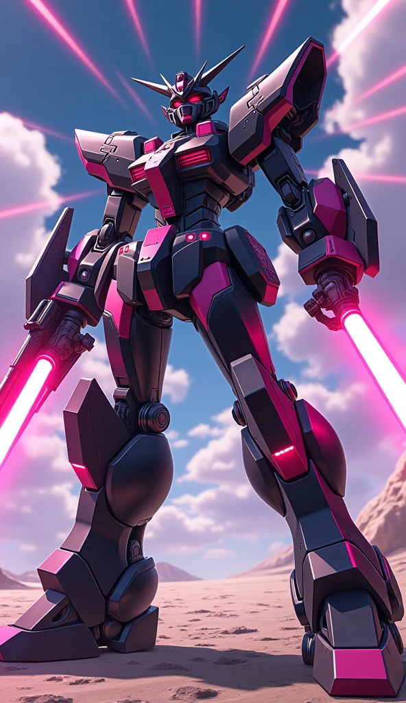 anime, Giant Robot, A dynamic full-body image of a black and pink female super robot fighting with lasers coming out of its hands.　Simple Background,universe, 