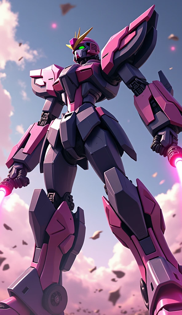 anime, Giant Robot, A dynamic full-body image of a black and pink female super robot fighting with lasers coming out of its hands.　Simple Background,universe, 
