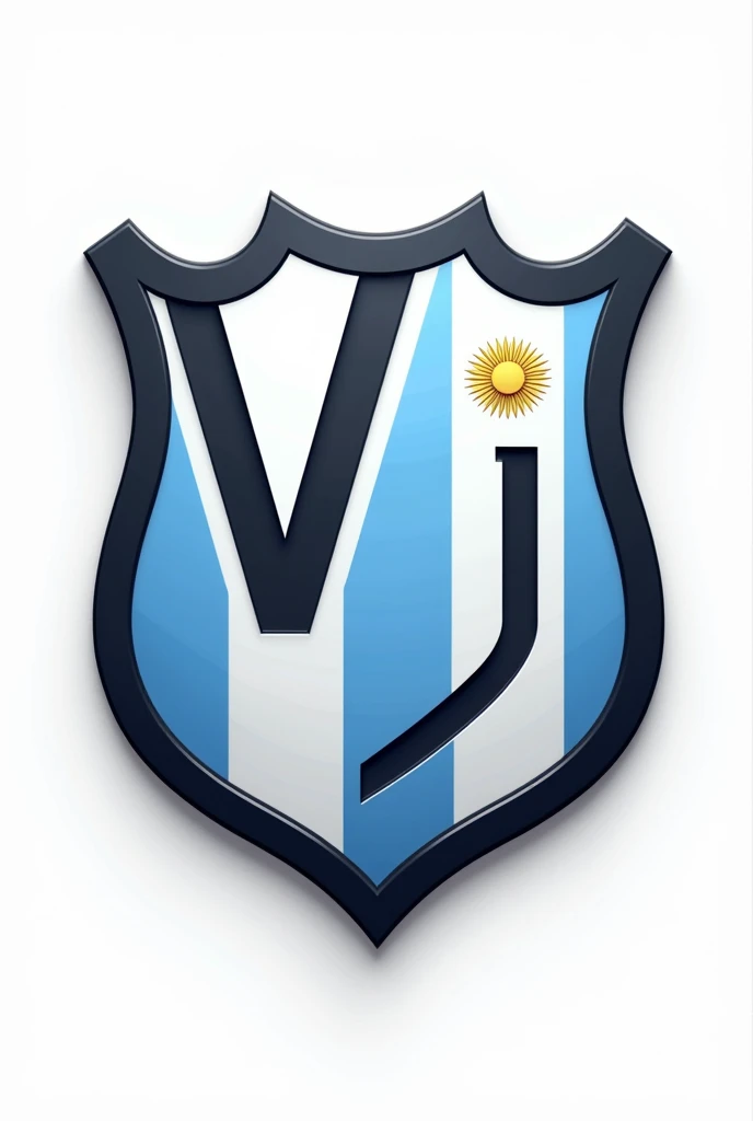 Create a 2D Argentine league style football shield in white and light blue with the initials: V and J on the shield and behind the shield, White background. and that it says Junin on the shield. with more details with 2d lines all and with black edges and some 2d elements 