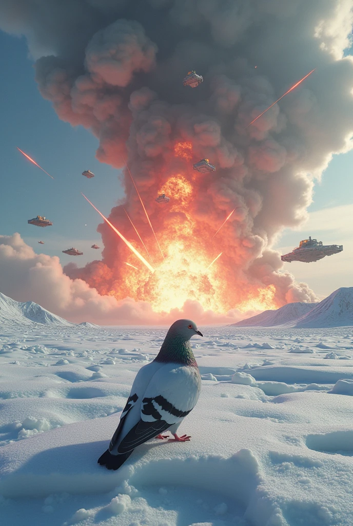 Pigeon in the Antarctic desert while the world is on fire and aliens destroy the earth with super strong lasers, and with atomic bombs, space fire, and robotic grills with laser eyes