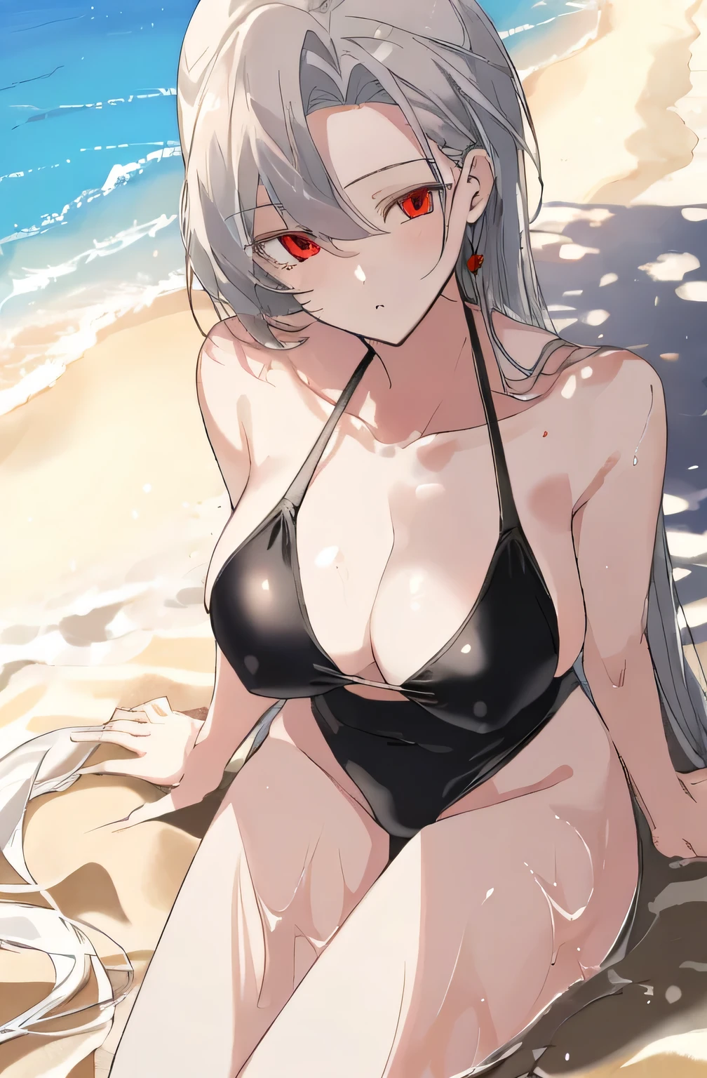 masterpiece, (Best Quality), 1 girl , by white, Raviel, Red eyes, black swimsuit, playa, sitting in the sand