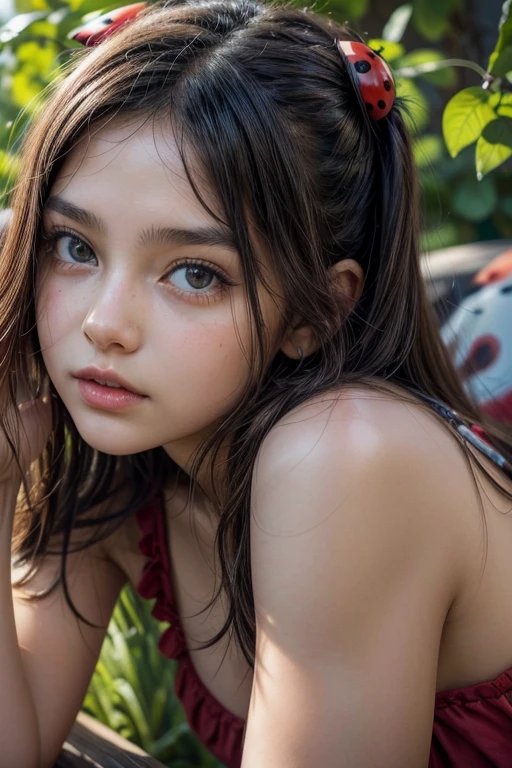 (Masterpiece, Best Quality, High Quality, 8K, UHD), a beautiful girl, 17 years old, (wearing a red tankt_top, tight black shorts, long hair, posing as a model), in a green park. beautiful face, white skin, smooth skin, ideal body, detailed face and eyes,