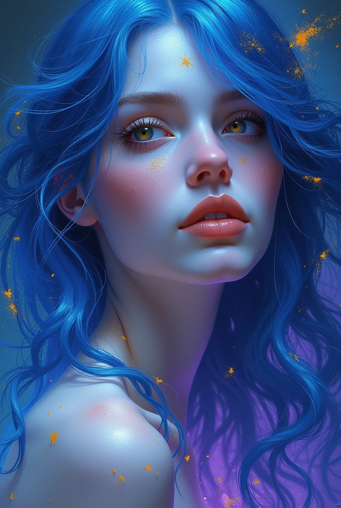 A WOMAN WITH BLUE COLORS,purple and yellow