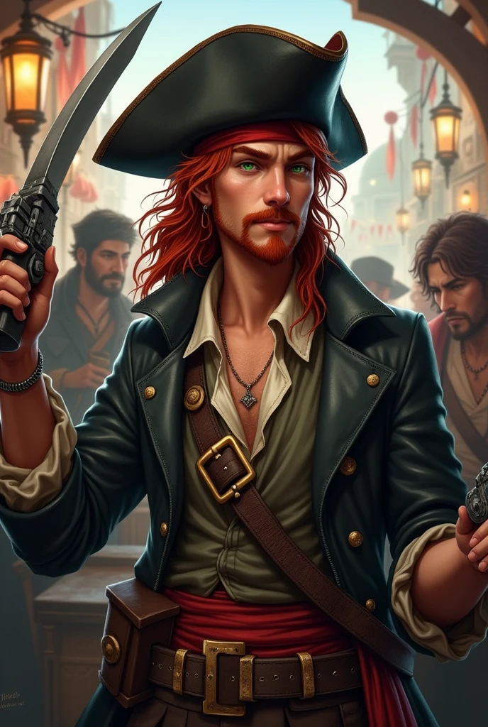Crea un immagine di un personaggio intero di razza umana per d&d. A young pirate Long red hair with a short goatee and a dark red mustache and dark green eyes. He wears a black leather hat, porta un trench coat piratesco con sotto una camicia leggera e un gilet rovinato. In life he wears a red band, two sabres and two pistols. He is drinking room and partying with other sailors in a pub with a pirate port in the background.