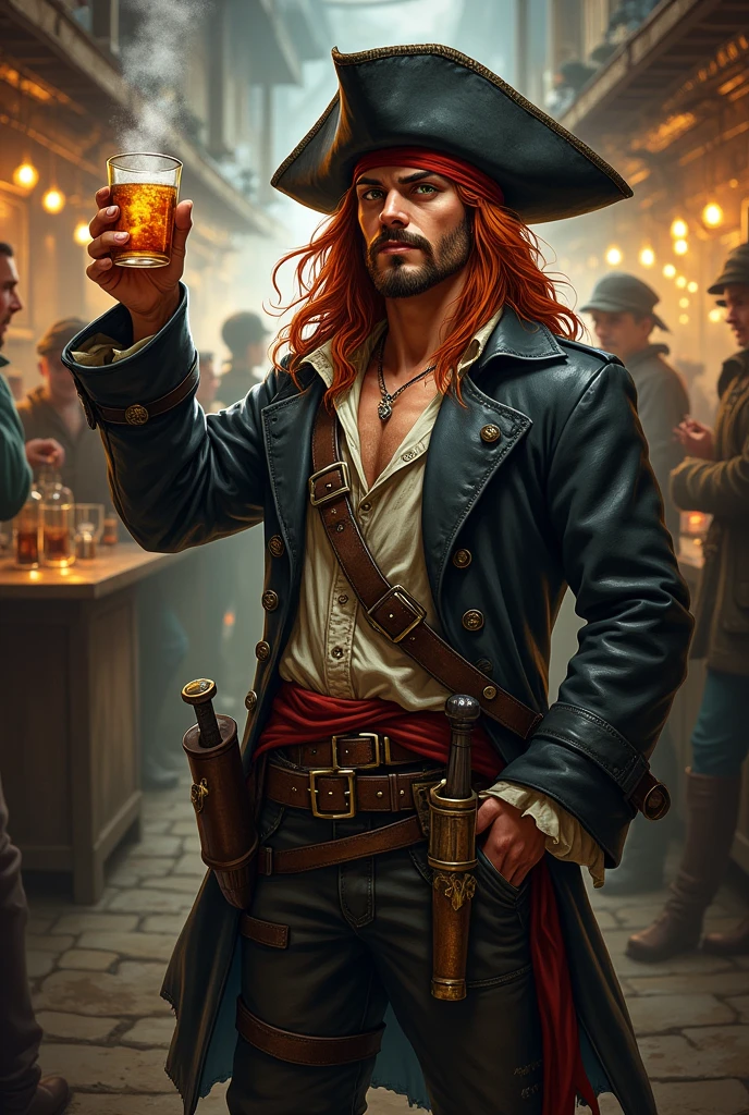 Crea un immagine di un personaggio intero di razza umana per d&d. A young pirate Long red hair with a goatee and red mustache and dark green eyes. He wears a black leather hat, porta un trench coat piratesco con sotto una camicia leggera e un gilet rovinato. In life he wears a red band, two sabres and two pistols. He is drinking room and partying with other sailors and partying in a pub with a pirate port in the background