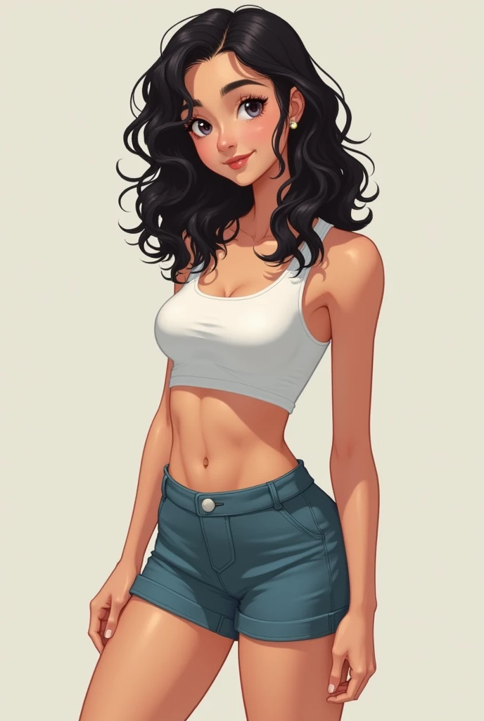 white skinned dark hair with few curls defined body casual teenage clothes woman Few curls without anime face more Brazilian Brazilian with teenage clothes