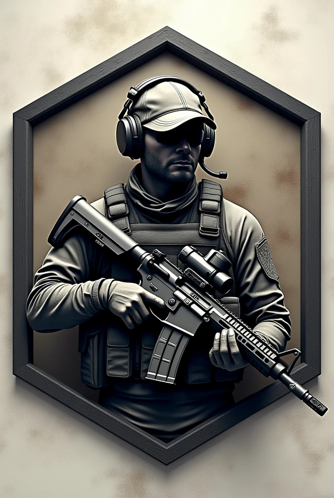 Create hexagonal rubberized coat of arms cliché, named Lukinha airsoft and an assault operator carrying an m4 rifle wearing a cap and headset