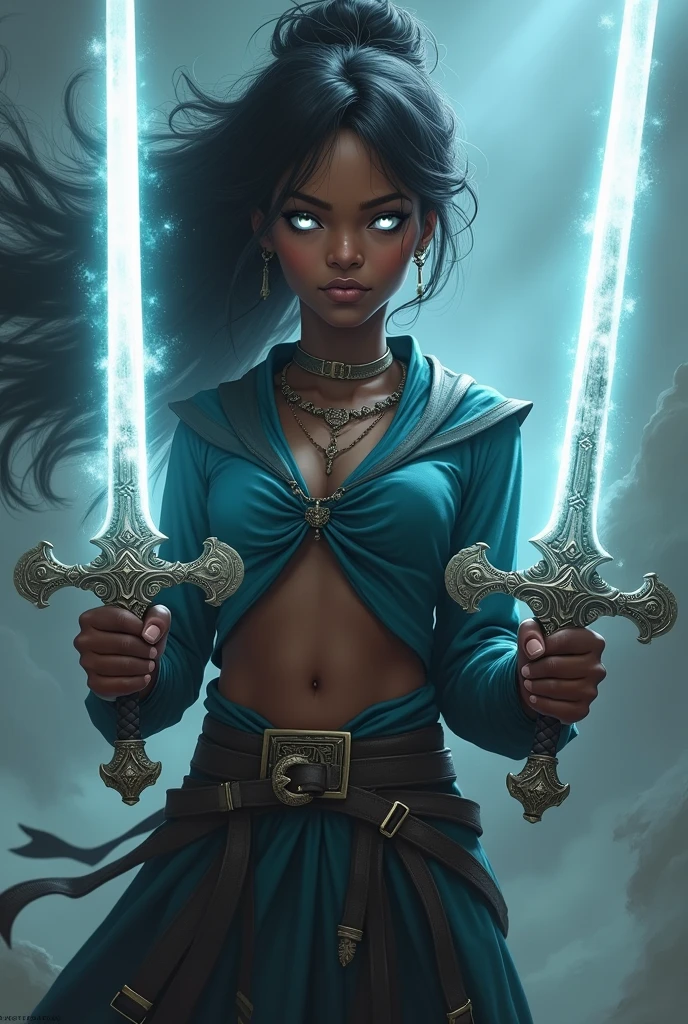 African American teenage girl with swords and white eyes