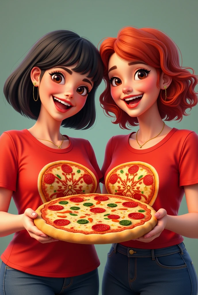 A fat woman, short hair, smooth and black, with a red blouse with a pizza print and another woman, slim, short hair, red and wavy, with red blouse with pizza print, holding up a pizza