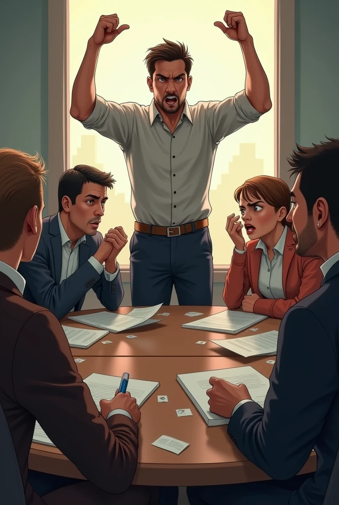 A meeting or discussion environment, with a central table and chairs around it. A man or woman is standing, with an intense expression and gesturing energetically while speaking. The person's face conveys a mixture of frustration and determination., without any sign of softness. The body language is aggressive, with hands raised in a gesture that emphasizes the point of view. around, the other people in the meeting look uncomfortable and surprised, some with expressions of shock or hurt. The scene may include scattered papers and a tense atmosphere., reflecting the Aries' lack of filter and emotional intensity.