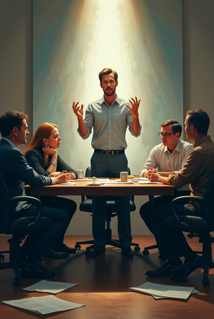 A meeting or discussion environment, with a central table and chairs around it. A man or woman is standing, with an intense expression and gesturing energetically while speaking. The person's face conveys a mixture of frustration and determination., without any sign of softness. The body language is aggressive, with hands raised in a gesture that emphasizes the point of view. around, the other people in the meeting look uncomfortable and surprised, some with expressions of shock or hurt. The scene may include scattered papers and a tense atmosphere., reflecting the Aries' lack of filter and emotional intensity.
