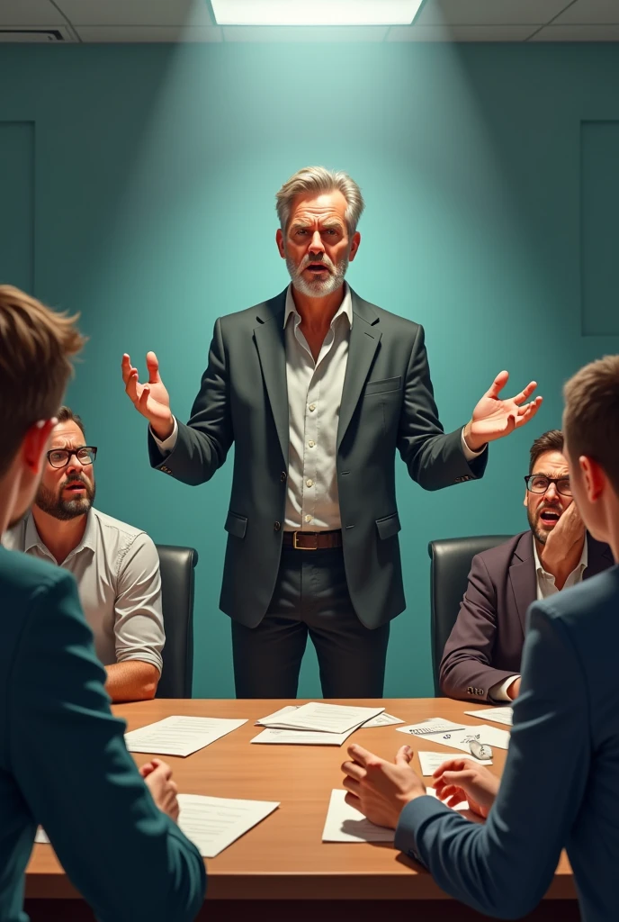 A meeting or discussion environment, with a central table and chairs around it. A man or woman is standing, with an intense expression and gesturing energetically while speaking. The person&#39;s face conveys a mixture of frustration and determination., without any sign of softness. The body language is aggressive, with hands raised in a gesture that emphasizes the point of view. around, the other people in the meeting look uncomfortable and surprised, some with expressions of shock or hurt. The scene may include scattered papers and a tense atmosphere., reflecting the Aries&#39; lack of filter and emotional intensity.