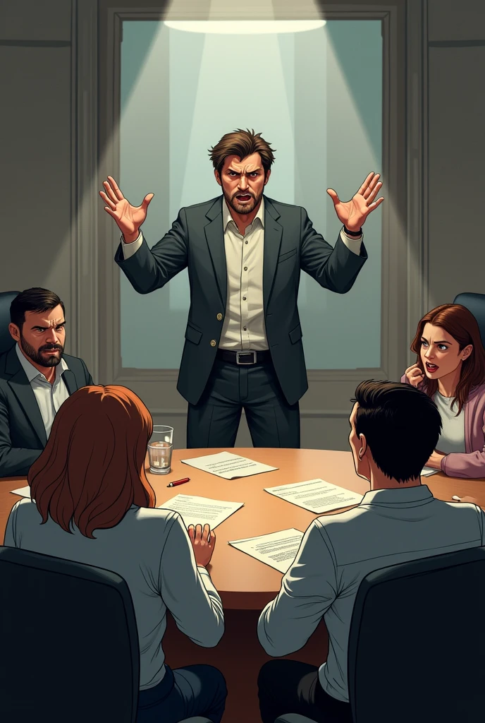 A meeting or discussion environment, with a central table and chairs around it. A man or woman is standing, with an intense expression and gesturing energetically while speaking. The person&#39;s face conveys a mixture of frustration and determination., without any sign of softness. The body language is aggressive, with hands raised in a gesture that emphasizes the point of view. around, the other people in the meeting look uncomfortable and surprised, some with expressions of shock or hurt. The scene may include scattered papers and a tense atmosphere., reflecting the Aries&#39; lack of filter and emotional intensity.