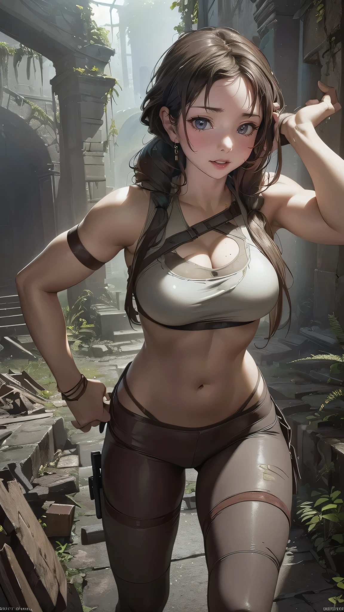 Image of Tomb Raider in the ruins,lara croft costume,(Thin type:1.8),(big breasts),(random hairstyle),(Highest image quality,(8k),ultra-realistic,best quality, high quality, high definition, high quality texture,high detail,beautiful detailed,fine detailed,extremely detailed cg,detailed texture,a realistic representation of the face,masterpiece,Sense of presence)