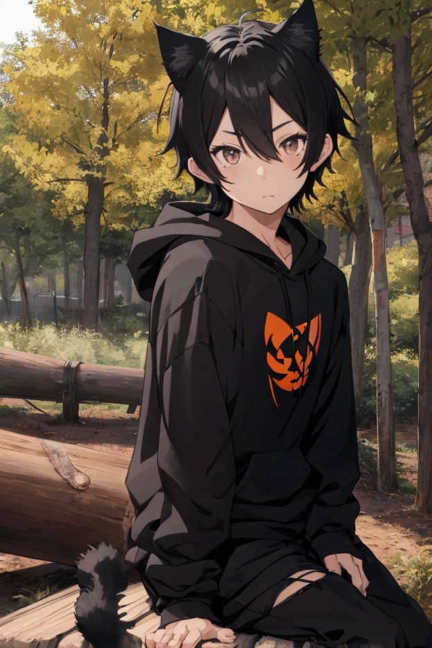 Anime, boy, 19, black hair, cat ears, graffiti hoodie, black outfit, sitting on wood log, forest background, Halloween, cute boy,