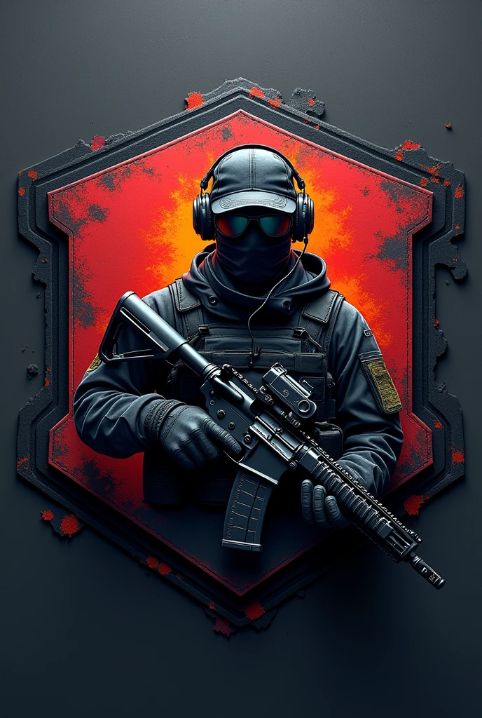 Create hexagonal rubberized coat of arms cliché, named Lukinha airsoft and an assault operator carrying an m4 rifle wearing a cap and headset in the center