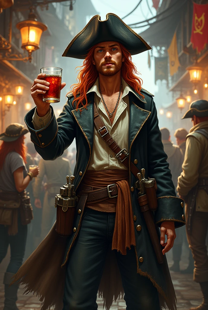 Crea un immagine di un personaggio intero di razza umana per d&d. A young pirate Long red hair with a goatee and red mustache and dark green eyes. He wears a black leather hat, porta un trench coat piratesco con sotto una camicia leggera e un gilet rovinato. In life he wears a red band, two sabres and two pistols. He is drinking room and partying with other sailors and partying in a pub with a pirate port in the background