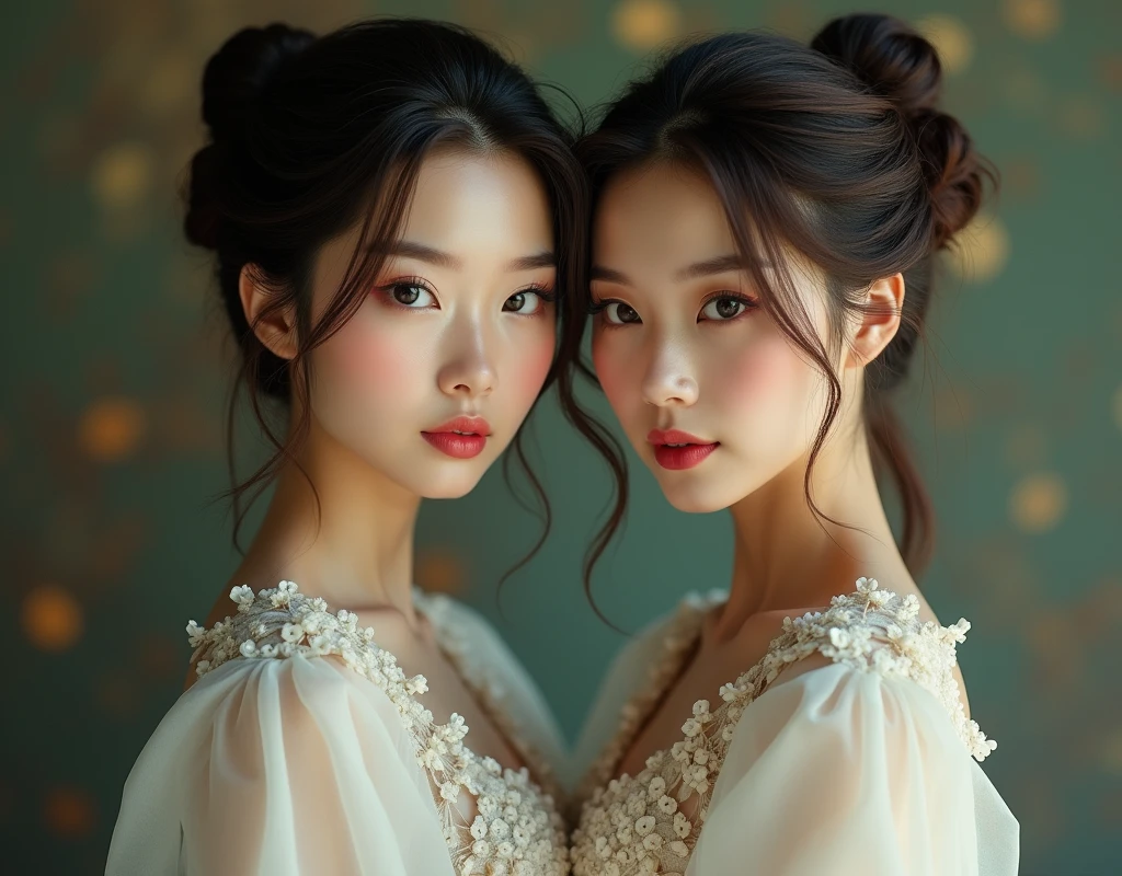 Identical twin sisters、Photography by deborahWolf1, Plump Chinese woman, (Brown Hair), (Elegant hair bun), Cute Face, Detailed face, Detailed eyes, Detailed skin texture, (blush:0.2), (It gives me goosebumps:0.3), (White floral dress), Underground scattering, PhotoRealistic, HyperRealistic, Ultra-detailed, Analog Style , Tilted hips, Modest, Detailed skin, Matte skin, Soft lighting, Underground scattering, Realistic, Dark Shadows, artwork, Highest quality, ultra Realistic, 8k, Golden Ratio, Complex, Attention to detail, Film Photography, Soft Focus, Dry, (({full|upper} Body photo))