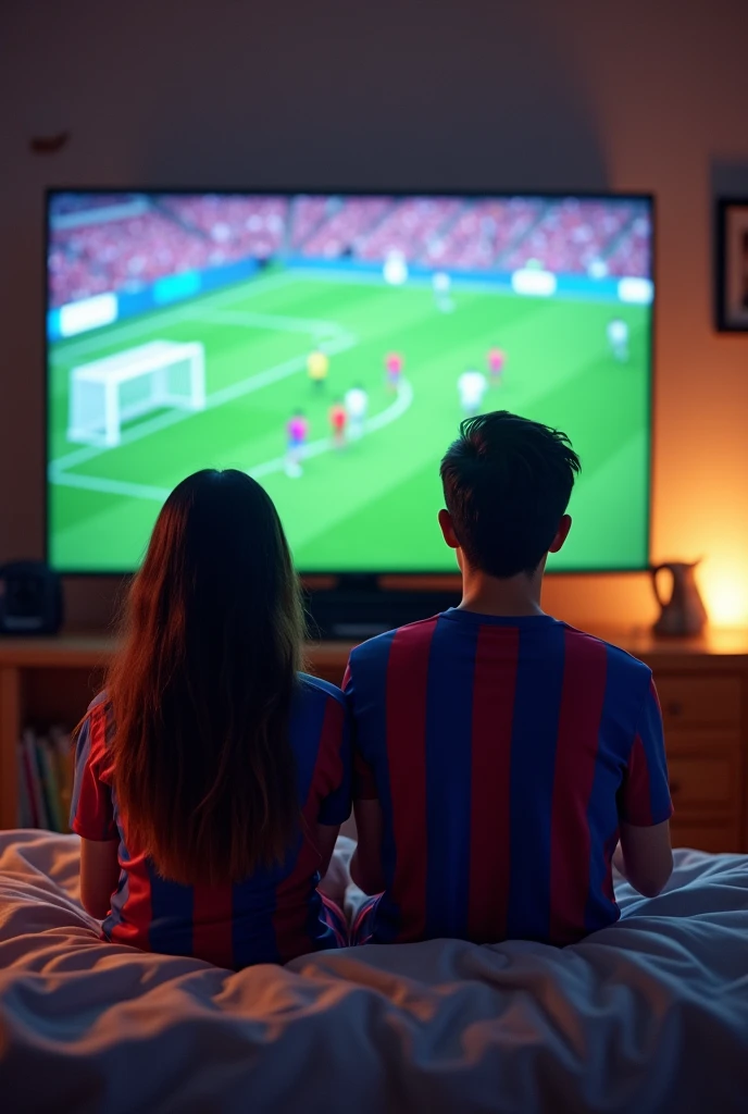 A couple name mohona and rafi is watching a football match Between Barcelona and Real mardid in their room.