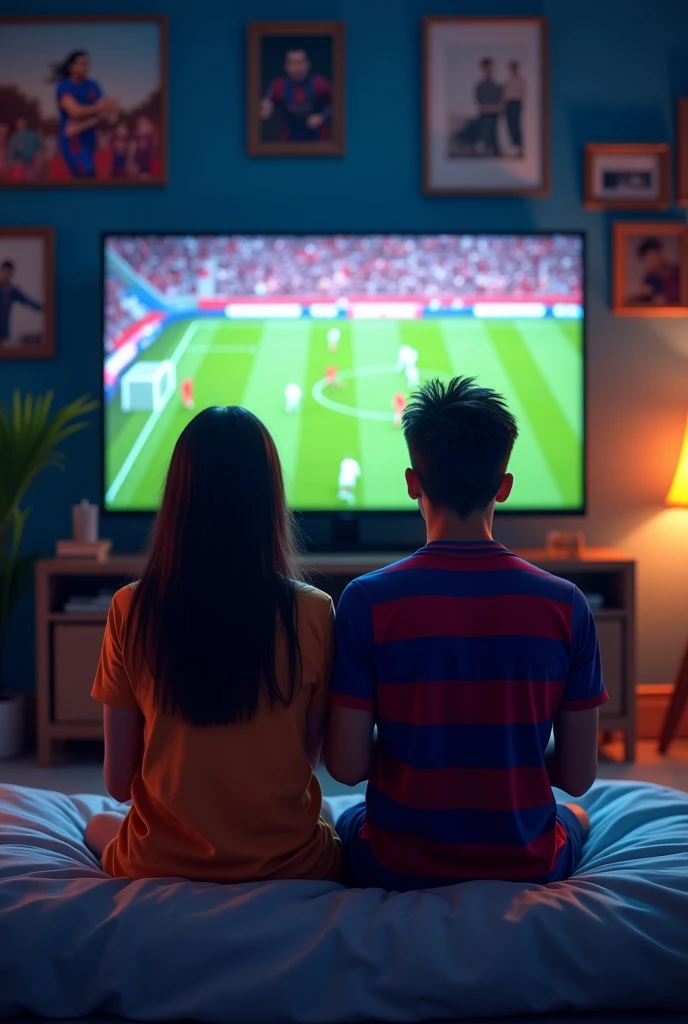 A couple name mohona and rafi is watching a football match Between Barcelona and Real mardid in their room.