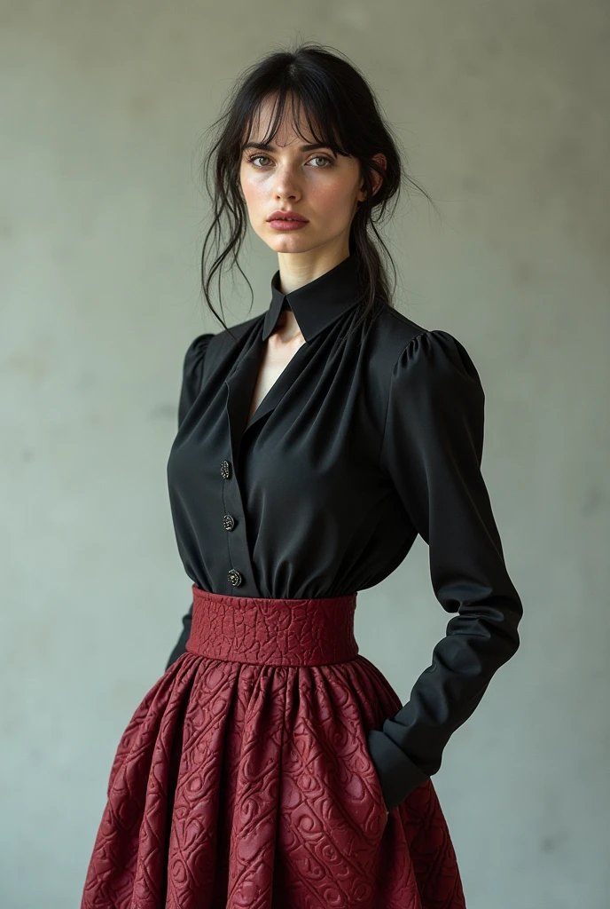 European woman model wearing a skirt and short strapless blouse set with the same fabric in thick raised relief, highlighting grotesque with delicate details