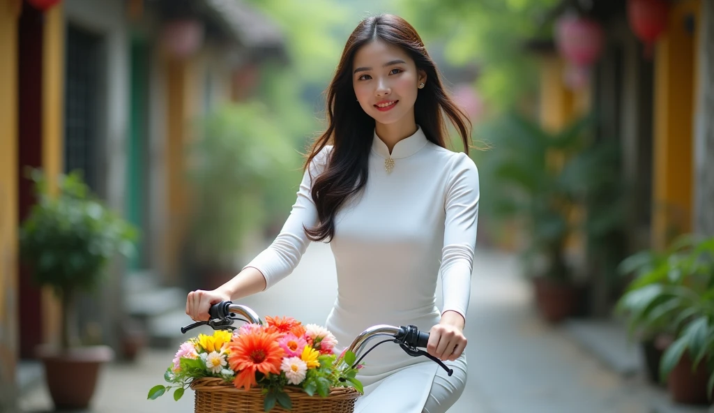 Make a photo of a Vietnamese female model wearing a white Ao Dai. Riding a bike on an old street. 85mm lens. bright. realistic. Focus your eyes well. Full shot. Make a basket and a bouquet of flowers in front of the bike. Make your fingers nice. 